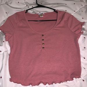 Pink Lettuce Edge Crop Top with Buttons
